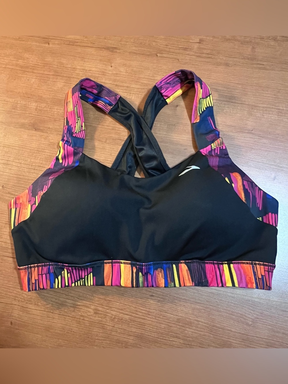 Brooks Sports Bra Size Large Uplift Crossback Wireless Black Multicolor Trim